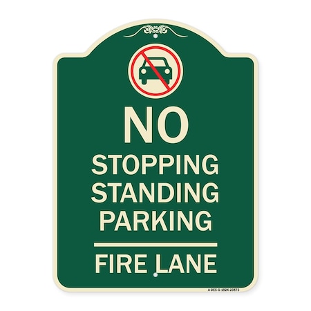 Signmission No Stopping Standing Fire Lane W/ Graphic Heavy-Gauge Aluminum Sign, 24" x 18", G-1824-23573 A-DES-G-1824-23573